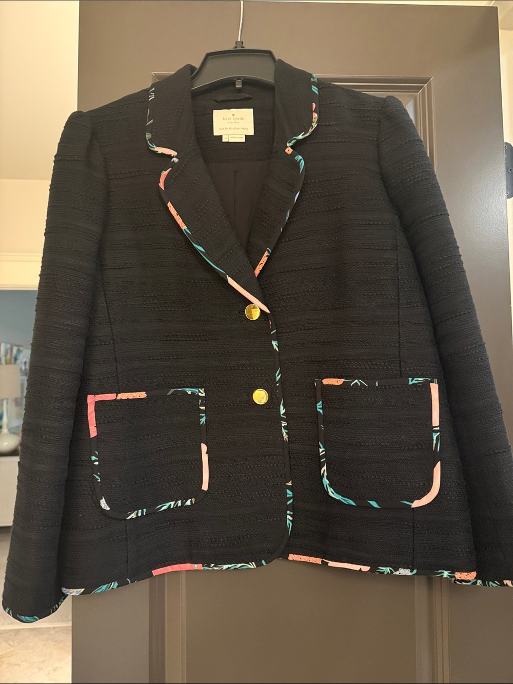kate spade Black Textured Blazer with Floral-Trim Accents